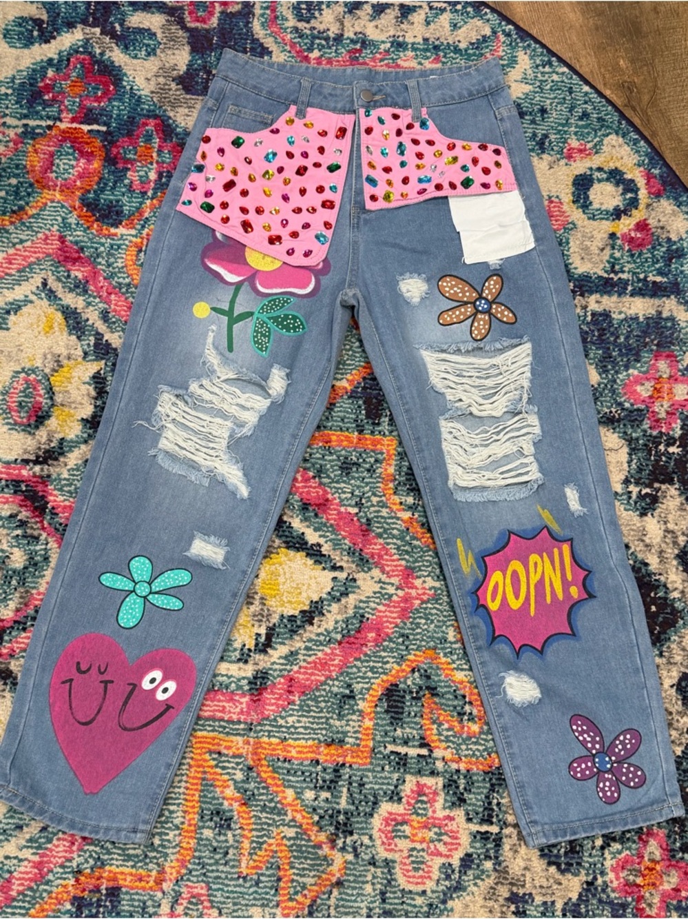 🌸🌸Colorful Hand-Painted Patchwork Denim Jeans 👖
